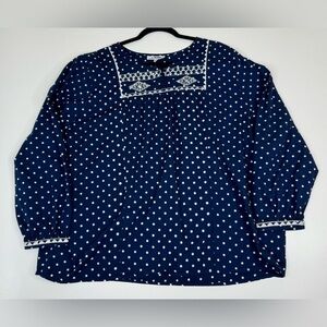 Back in the Saddle 100% Cotton Navy Polka Dot Embroidered Blouse Womens Size 2X